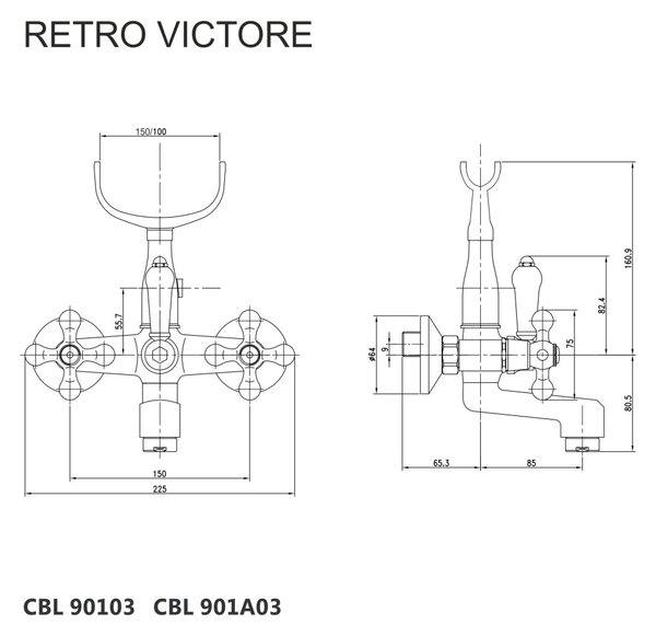 Mereo Mereo, Baterie pentru cada montată pe perete, Retro Victoria, 150 mm, fără accesorii, crom, MER-CBL90103