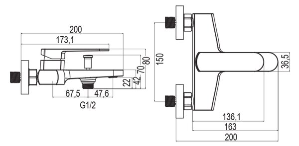 Mereo Mereo, Baterie pentru cada montată pe perete, Mada, 150 mm, fără accesorii, crom, MER-CBQ90103M