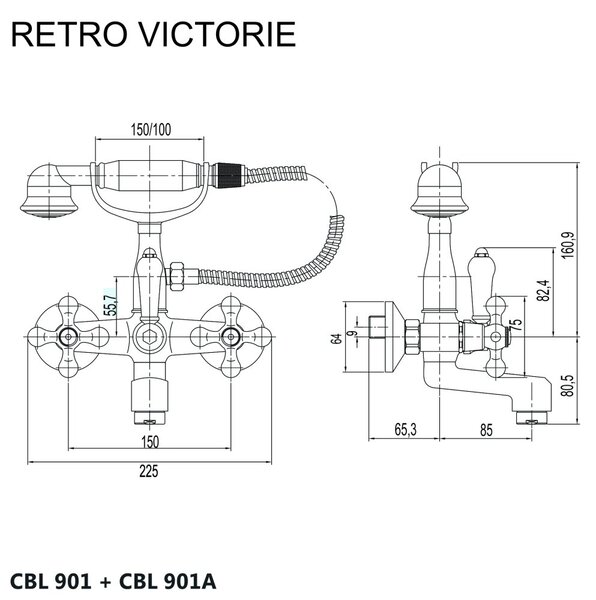 Mereo Mereo, Baterie pentru cada de perete, Retro Victoria, 150 mm, cu accesorii, crom, MER-CBL901