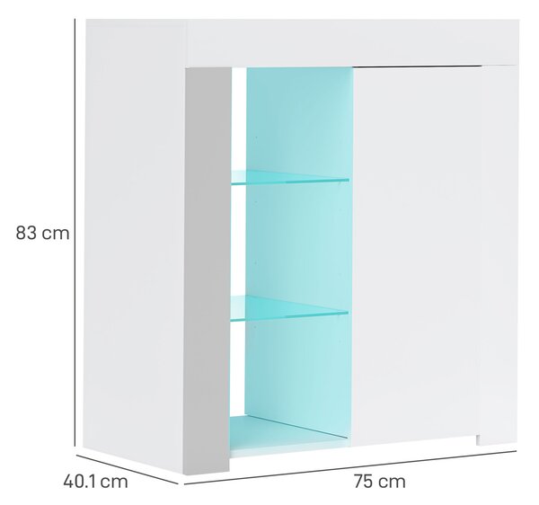 HOMCOM Dulap pentru Sufragerie cu Lumini LED, 3 Rafturi Deschise și un Dulăpior cu 2 Niveluri, 75x40,1x83 cm, Alb | Aosom Romania
