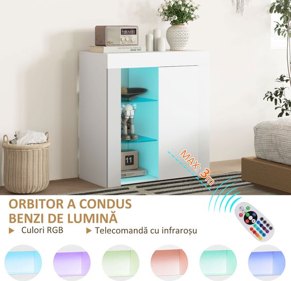 HOMCOM Dulap pentru Sufragerie cu Lumini LED, 3 Rafturi Deschise și un Dulăpior cu 2 Niveluri, 75x40,1x83 cm, Alb | Aosom Romania
