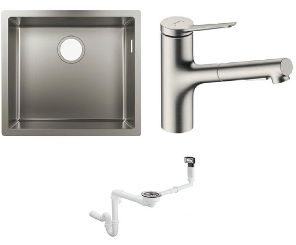 Set chiuveta din otel Hansgrohe S 71 43427800, baterie bucătărie Hansgrohe Zesis M33 74800800, 43921800