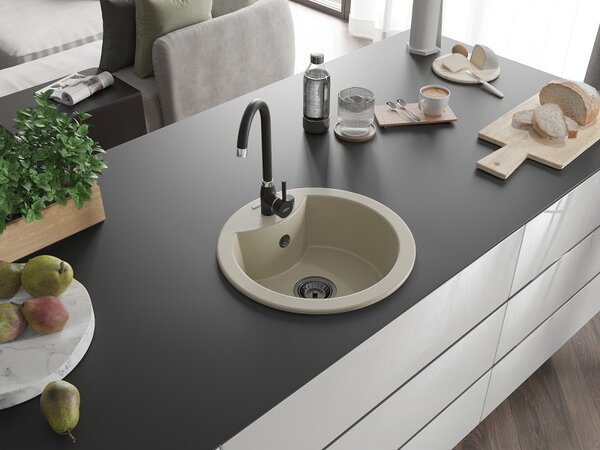 Mexen Diego, chiuvetă din granit 488x488x167 mm, 1 cameră, bej cu sifon negru, 6512481000-69-B