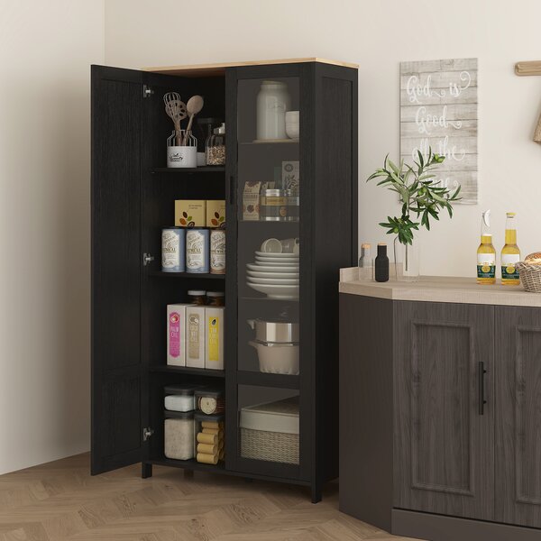 HOMCOM Dulap de Bucătărie cu 9 Rafturi Reglabile, cu Uși de Sticlă și Bază Înălțată din Lemn, 76x36x160 cm, Negru | Aosom Romania