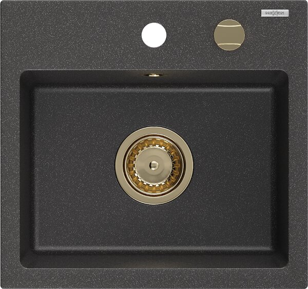 Mexen Milo, chiuveta granit 435x410x171 mm, 1 camera, pete negre cu sifon de aur, 6505441000-76-G