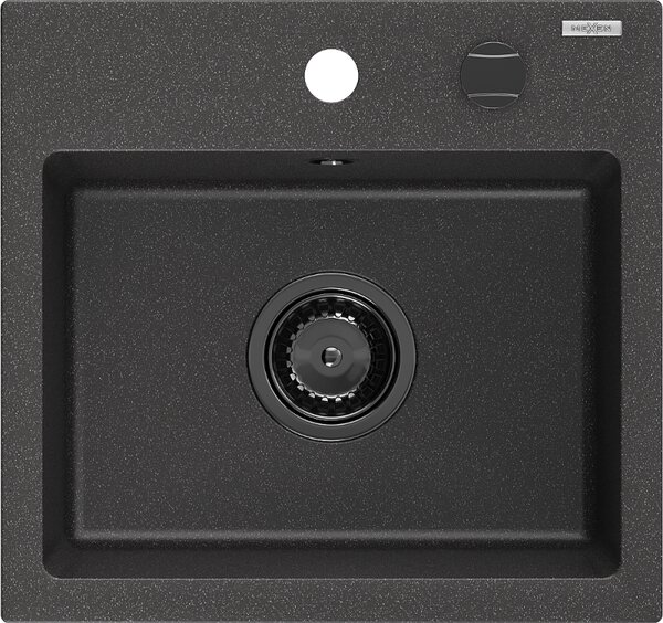 Mexen Milo, chiuveta granit 435x410x171 mm, 1 camera, pete negre cu sifon negru, 6505441000-76-B