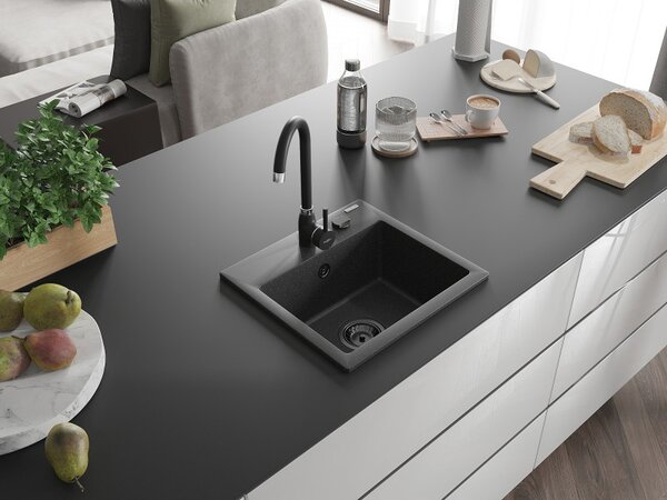 Mexen Milo, chiuveta granit 435x410x171 mm, 1 camera, pete negre cu sifon negru, 6505441000-76-B
