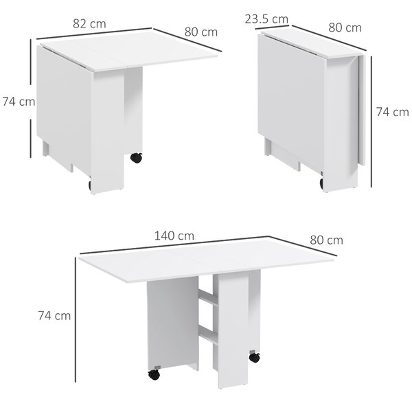 HOMCOM Masă Pliabilă și Extensibilă pentru 4-6 Persoane cu 2 Rafturi și 2 Roți, din Lemn și Metal, 140x80x74 cm, Alb | Aosom Romania
