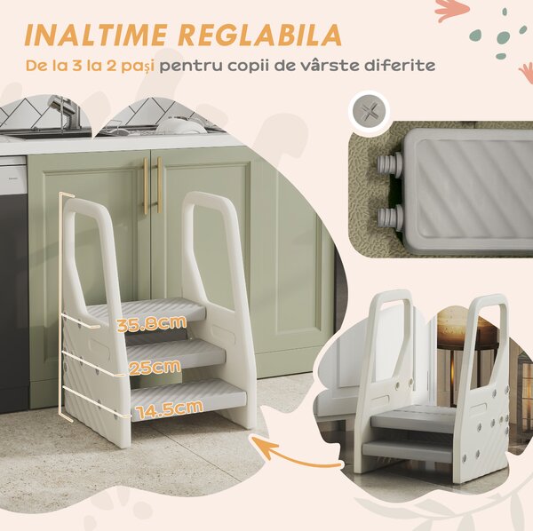 AIYAPLAY Turnuleț pentru Copii 2-5 Ani cu 3 Trepte Reglabile și Tălpi Antiderapante, 43x42x65,5 cm, Gri | Aosom Romania