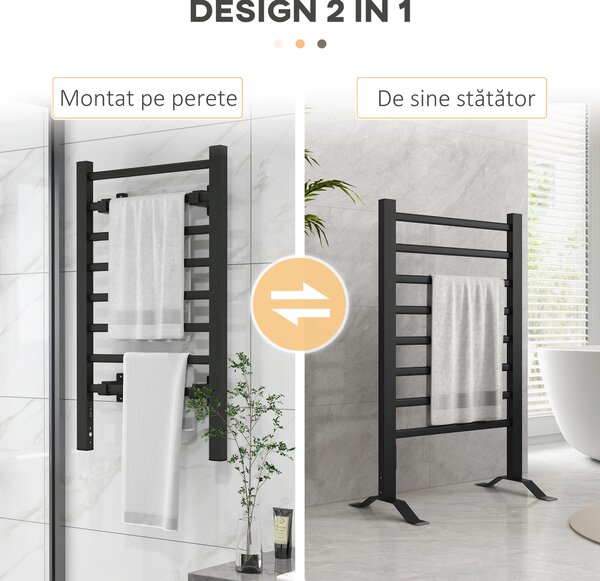 HOMCOM Uscător Electric de Prosoape, Cuier Încălzit cu 8 Bare și Temporizator de 2 sau 4 Ore, 53x35x90 cm, Negru | Aosom Romania