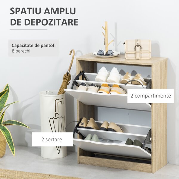 HOMCOM Dulap pantofi cu 2 Sertare Rabatabile, 8 Perechi, cu un Dispozitiv Anti-Răsturnare, Design Compact, 62,5x26x81 cm, Natural | Aosom Romania