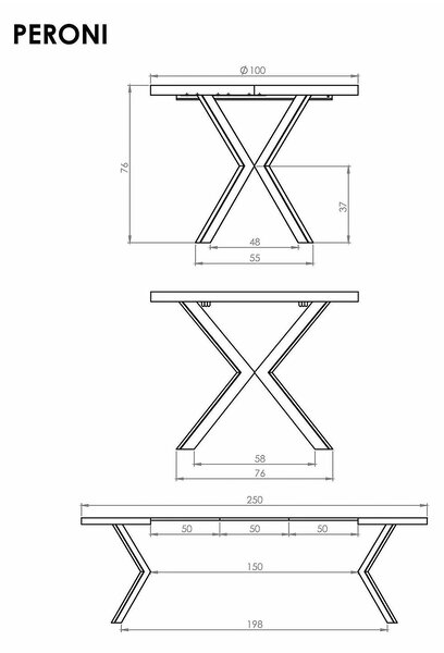 Masa extensibila PERONI, stejar/casmir, PAL laminat/otel, 100/250x100x