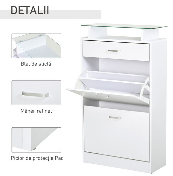 HOMCOM Dulap pentru Pantofi cu 2 Uși pe 2 Niveluri, Sertar și Raft din Sticlă, Dulap pentru Pantofi, 60x24x105,5 cm, Alb | Aosom Romania