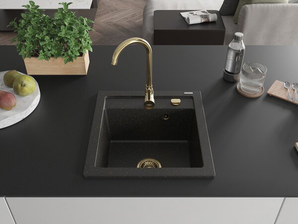 Mexen Vito, chiuveta granit 520x490x210 mm, 1 camera, negru-auriu metalic cu sifon auriu, 6503521000-75-G