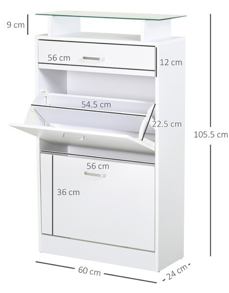 HOMCOM Dulap pentru Pantofi cu 2 Uși pe 2 Niveluri, Sertar și Raft din Sticlă, Dulap pentru Pantofi, 60x24x105,5 cm, Alb | Aosom Romania