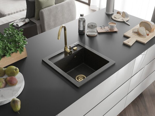 Mexen Vito, chiuveta granit 520x490x210 mm, 1 camera, negru-auriu metalic cu sifon auriu, 6503521000-75-G