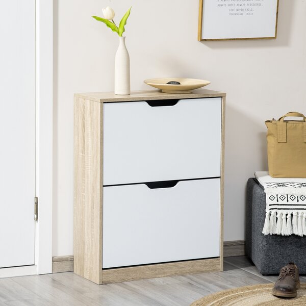 HOMCOM Dulap pantofi cu 2 Sertare Rabatabile, 8 Perechi, cu un Dispozitiv Anti-Răsturnare, Design Compact, 62,5x26x81 cm, Natural | Aosom Romania
