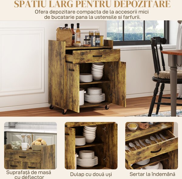 HOMCOM Cărucior de Bucătărie, Insulă de Bucătărie din Lemn cu 4 Roți și Raft Reglabil, 60x40x77 cm, Maro Rustic | Aosom Romania