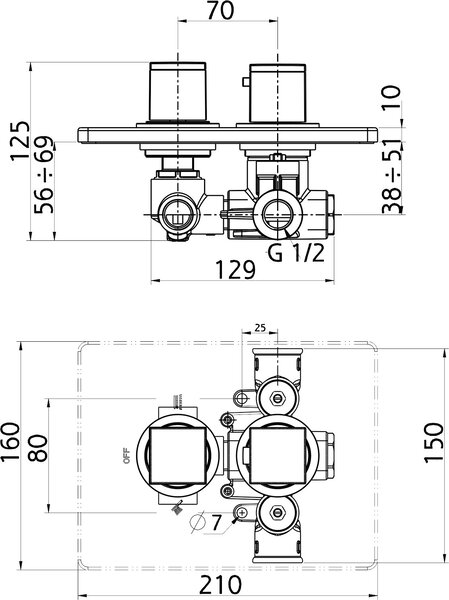 Novaservis Aquasave, baterie termostatică de duș ascunsă, supapă cu 2 căi, crom, 2850R,0