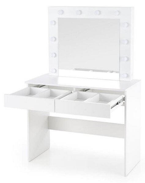 Masa de toaleta cu oglinda si iluminare led Hollywood, alb, 94x43x140 cm
