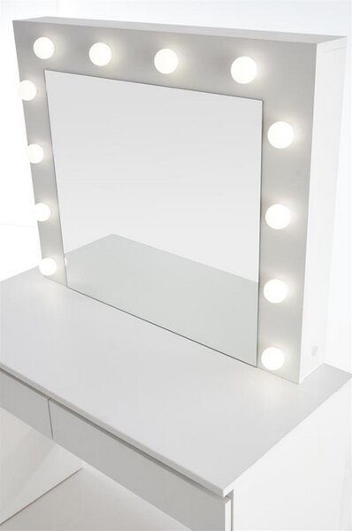 Masa de toaleta cu oglinda si iluminare led Hollywood, alb, 94x43x140 cm
