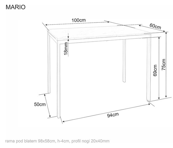 Masă MARIO, alb, PAL laminat/metal, 100x60x75 cm