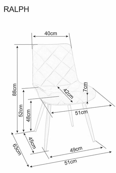 Scaun RALPH, gri/negru, stofă catifelată/metal, 44x42x94 cm