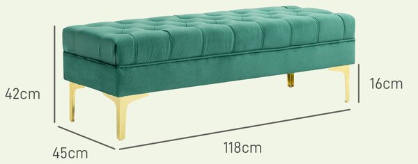 HOMCOM Bancă Hol, cu Husă Capitonată din Catifea cu Picioare Metalice pentru intrare, dormitor sau sufragerie, 118x45x42 cm, Verde | Aosom Romania