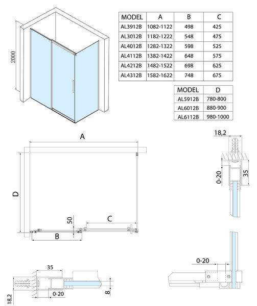 Polysan Polysan, usa de dus ALTIS LINE BLACK 1070-1110mm, inaltime 2000mm, sticla 8mm, AL3912B