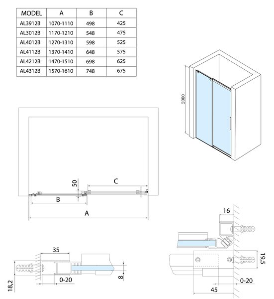 Polysan Polysan, usa de dus ALTIS LINE BLACK 1070-1110mm, inaltime 2000mm, sticla 8mm, AL3912B