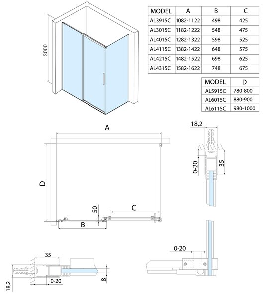 Polysan Polysan, usa de dus ALTIS LINE 1170-1210mm, inaltime 2000mm, sticla 8mm, AL3015C