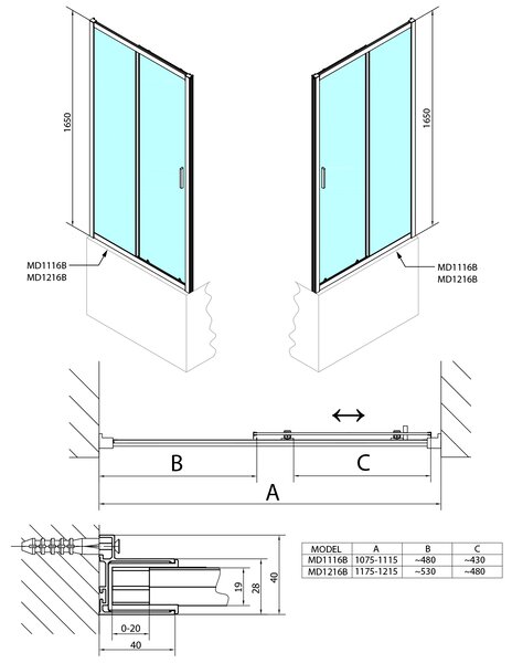 Polysan Polysan, usa de dus DEEP BLACK 1100x1650mm, sticla transparenta, MD1116B