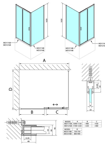 Polysan Polysan, usa de dus DEEP BLACK 1100x1650mm, sticla transparenta, MD1116B