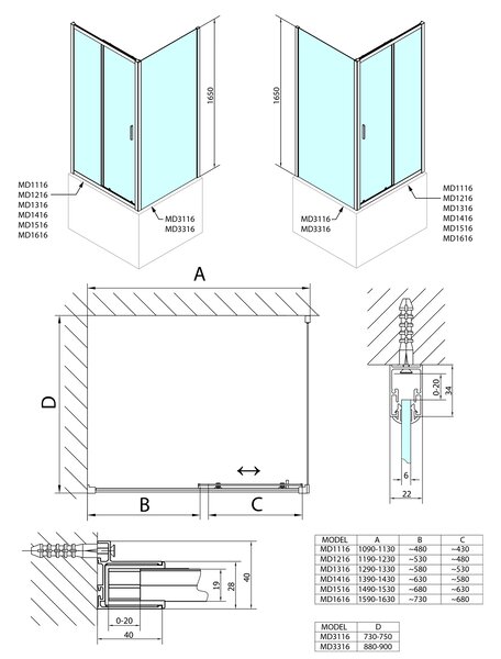Polysan Polysan, paravan de duș dreptunghiular DEEP 1100x750mm varianta L/P, sticlă transparentă, MD1116MD3116