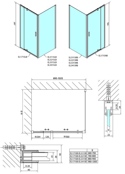 Polysan Polysan, usa de dus cu balamale EASY BLACK 880-1020mm, sticla transparenta, EL1715B