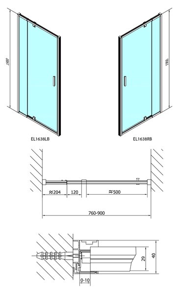 Polysan Polysan, usa de dus cu balamale EASY BLACK 760-900mm, sticla caramida, EL1638B