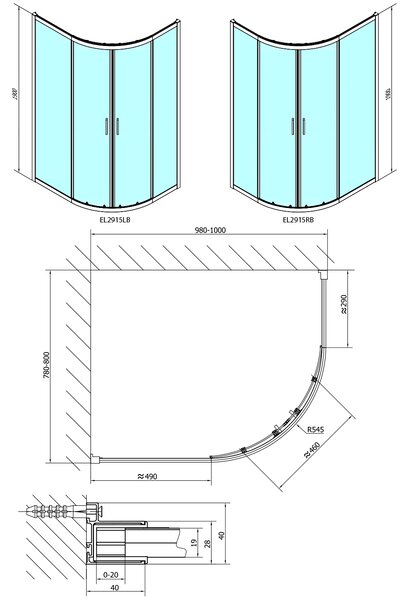 Polysan Polysan, paravan de duș pătrat EASY BLACK 1000x800mm, L/R, sticlă transparentă, EL2915B