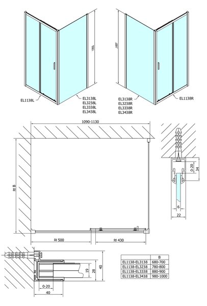 Polysan Polysan, usa de dus EASY LINE 1100mm, sticla BRICK, EL1138