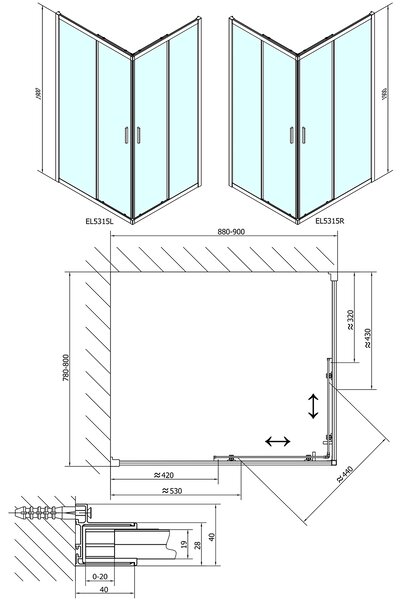 Polysan Polysan, paravan de duș dreptunghiular EASY LINE 900x800mm, sticlă transparentă, EL5315