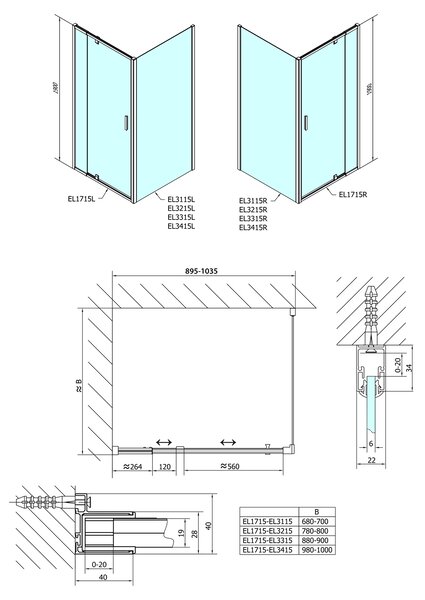Polysan Polysan, Easy Line, dreptunghiular/pătrat, ușă pivotant pentru paravan de duș 900-1000x1000mm L/P, EL1715EL3415