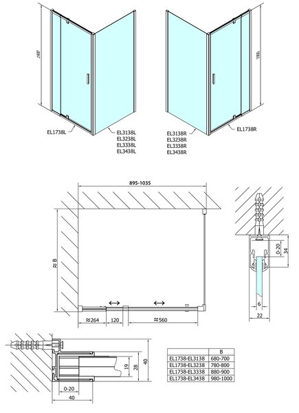 Polysan Polysan, usa de dus cu balamale EASY LINE 880-1020mm, sticla BRICK, EL1738