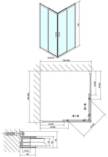 Polysan Polysan, paravan de duș pătrat EASY LINE 800x800mm, sticlă transparentă, EL5215