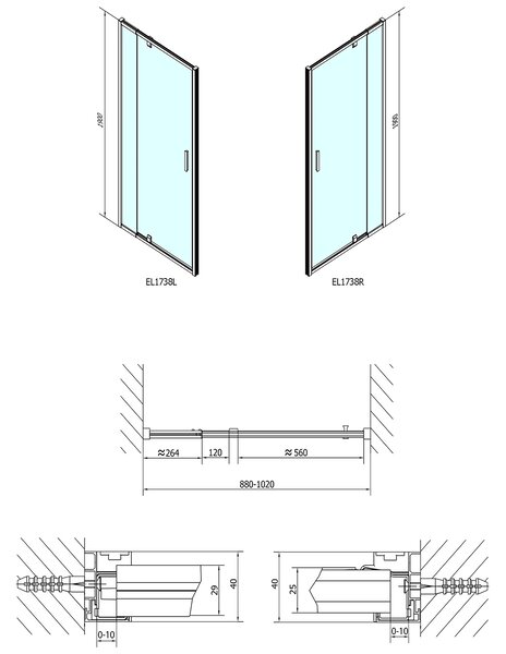 Polysan Polysan, usa de dus cu balamale EASY LINE 880-1020mm, sticla BRICK, EL1738