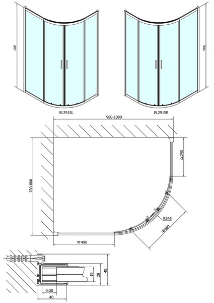 Polysan Polysan, paravan de duș pătrat EASY LINE 1000x800mm, L/R, sticlă transparentă, EL2915