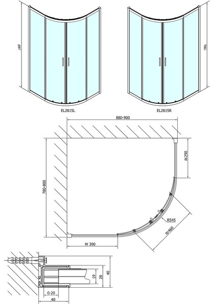 Polysan Polysan, paravan de duș pătrat EASY LINE 900x800mm, L/R, sticlă transparentă, EL2815