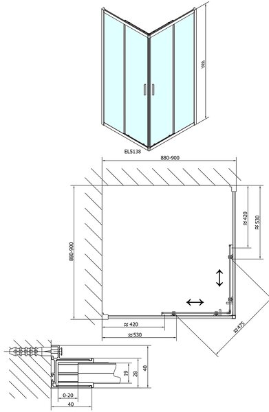 Polysan Polysan, paravan de duș pătrat EASY LINE 900x900mm, sticlă BRICK, EL5138