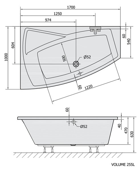 Polysan Polysan, cada asimetrică EVIA L 170x100x47cm, alb, 21611