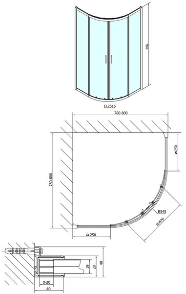 Polysan Polysan, paravan de duș pătrat EASY LINE 800x800mm, L/R, sticlă transparentă, EL2515