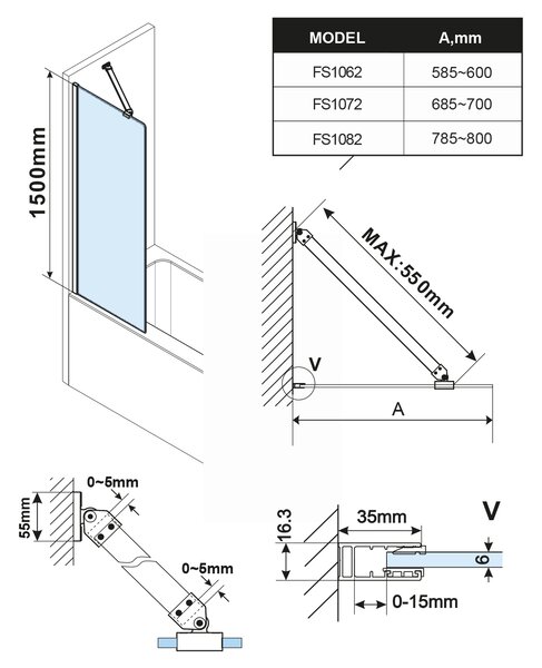 Polysan Polysan, paravan de baie FISA 600x1500mm, mm, crom, sticla transparenta, FS1062-C