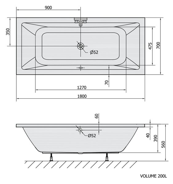 Polysan Polysan, cada dreptunghiulara KRYSTA 180x70x39cm, alb, 72906